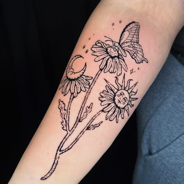 Fine-line daisies with celestial moon and sun faces, butterfly perched on top