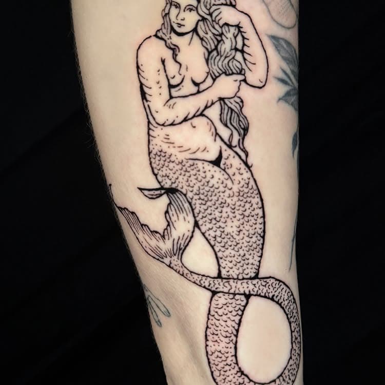 Illustrative fine-line siren mermaid combing her long hair